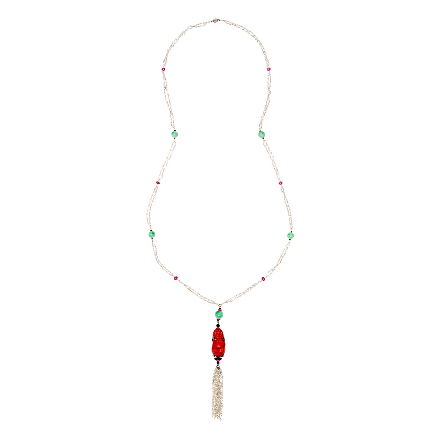 Red Lacquer Happy Monk Necklace with Jade, Ruby and Diamond