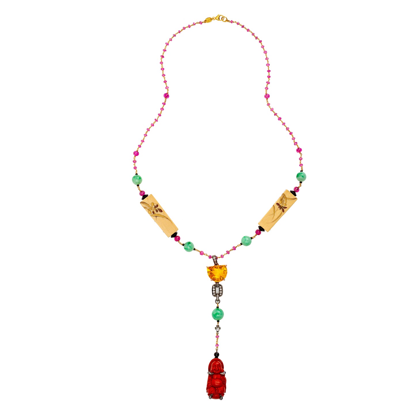 Red Lacquer Happy Monk Necklace with Jade, Citrine, Ruby and Diamond