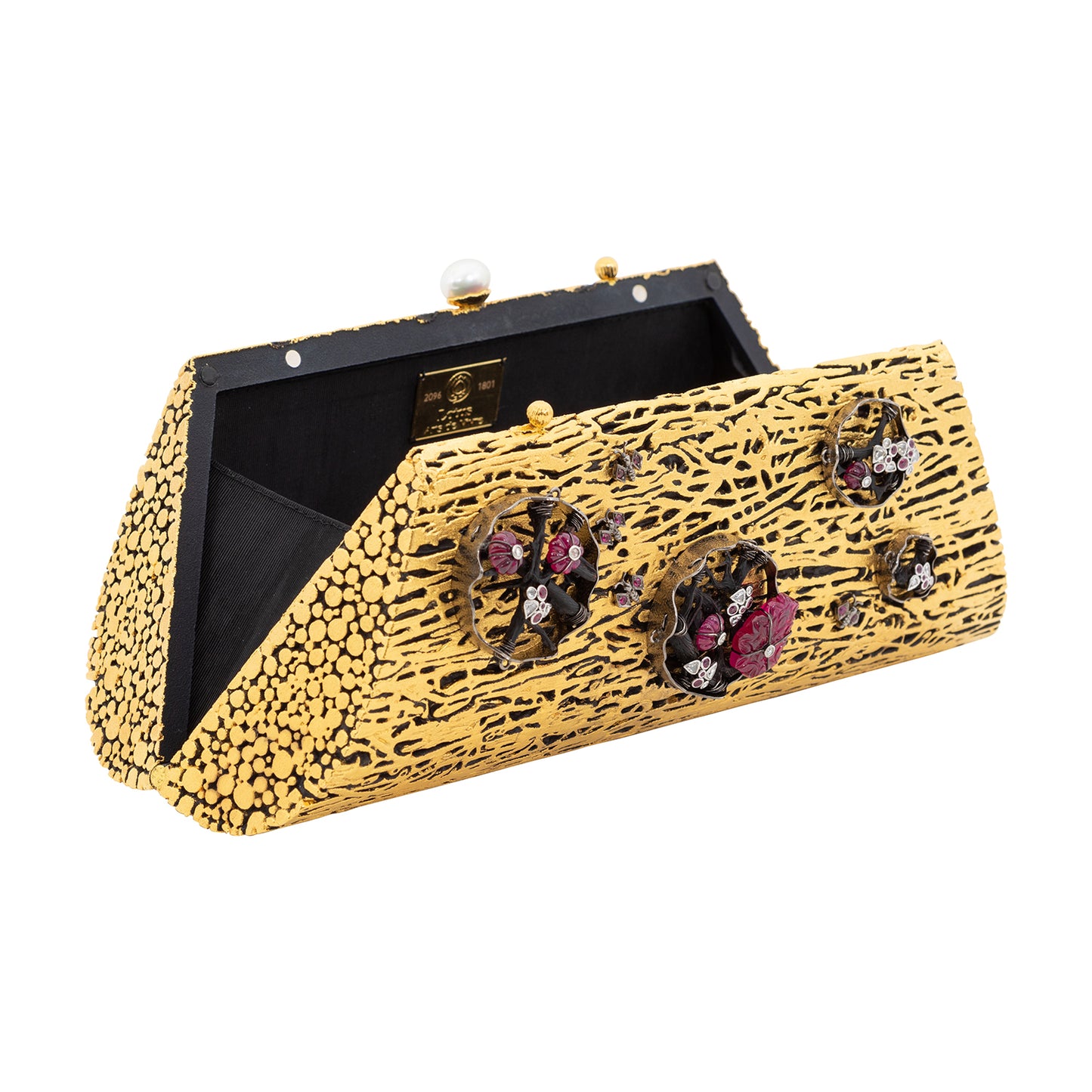 Gold Fern Clutch Decorated with Ruby, Diamond and Pearl