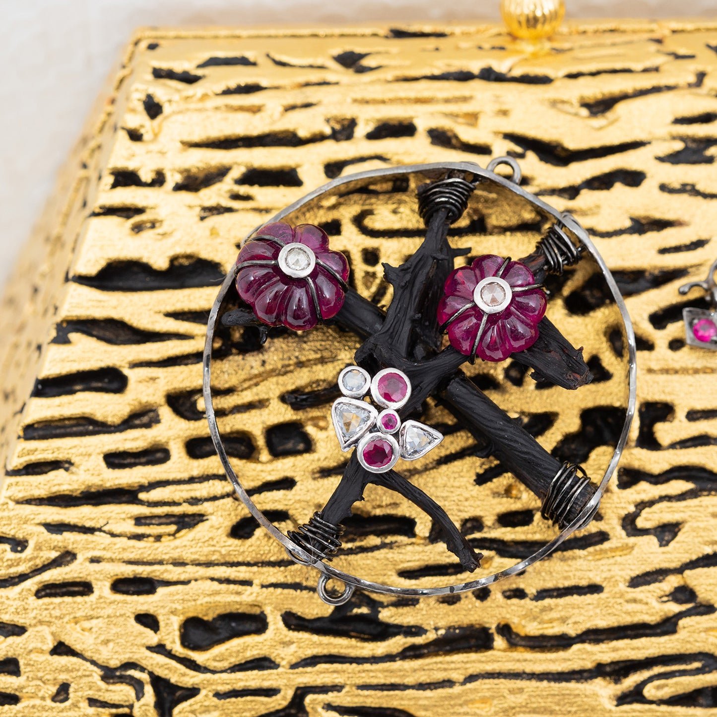 Gold Fern Clucth Decorated with Ruby, Diamond and Pearl