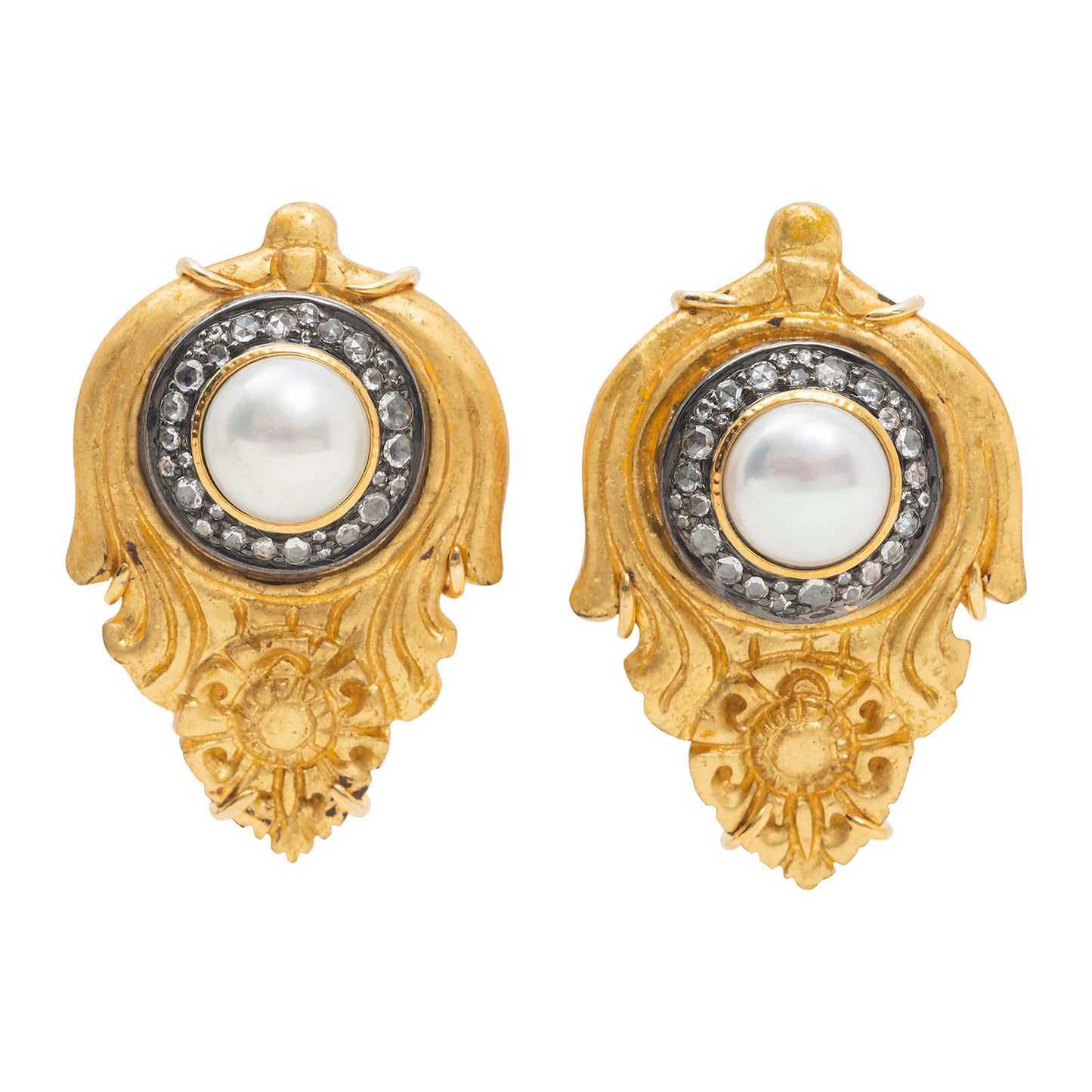 Carved Coconut Earrings with Pearl and Diamond