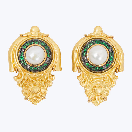 Carved Coconut Earrings with Pearl, Tsavorite and Diamond