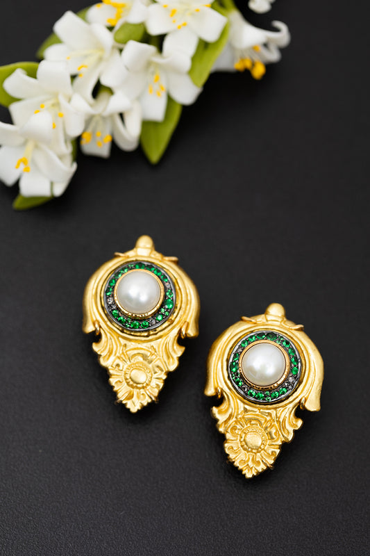 Carved Coconut Earrings with Pearl, Tsavorite and Diamond