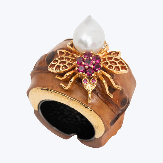 Bamboo Ring with 9K gold Bee decorated with Pink Tourmaline, Ruby ,Pearl.