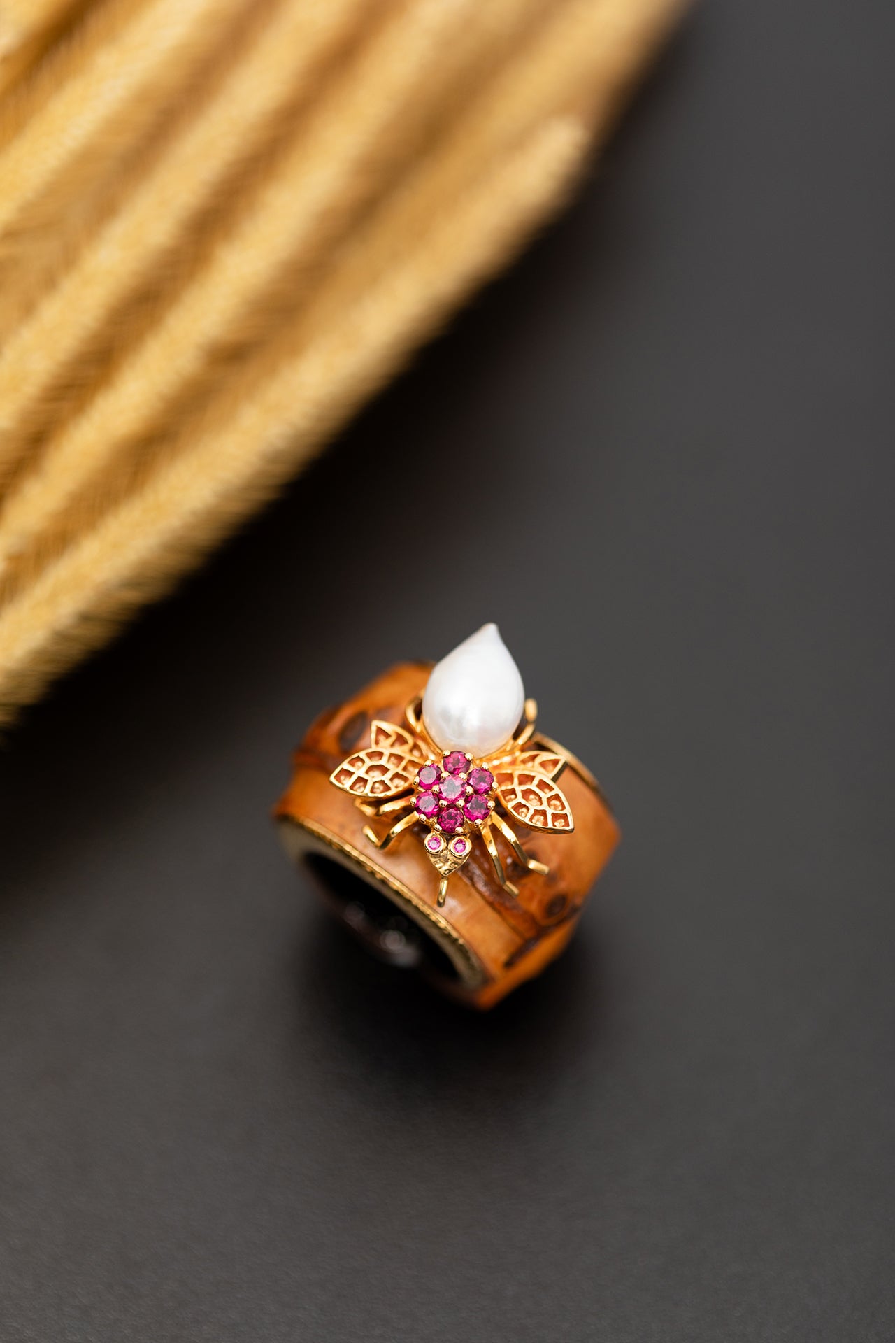 Bamboo Ring with 9K gold Bee decorated with Pink Tourmaline, Ruby ,Pearl.