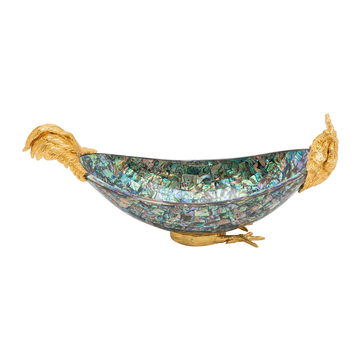 Abalone Shell Bowl with Silver Rooster and Gold Leaf