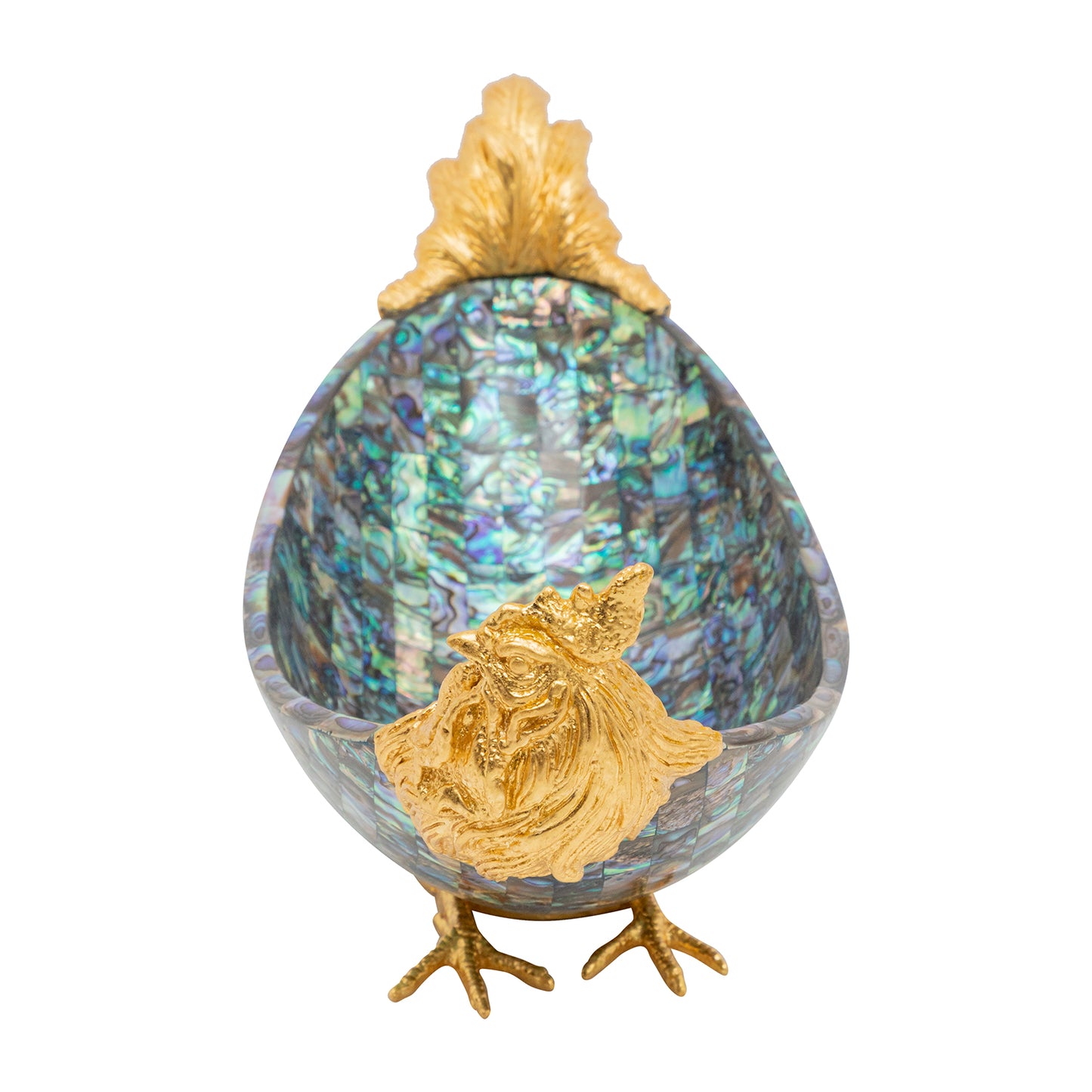 Abalone Shell Bowl with Silver Rooster and Gold Leaf