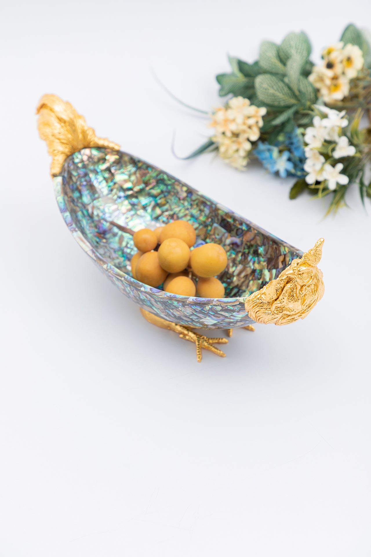 Abalone Shell Bowl with Silver Rooster and Gold Leaf