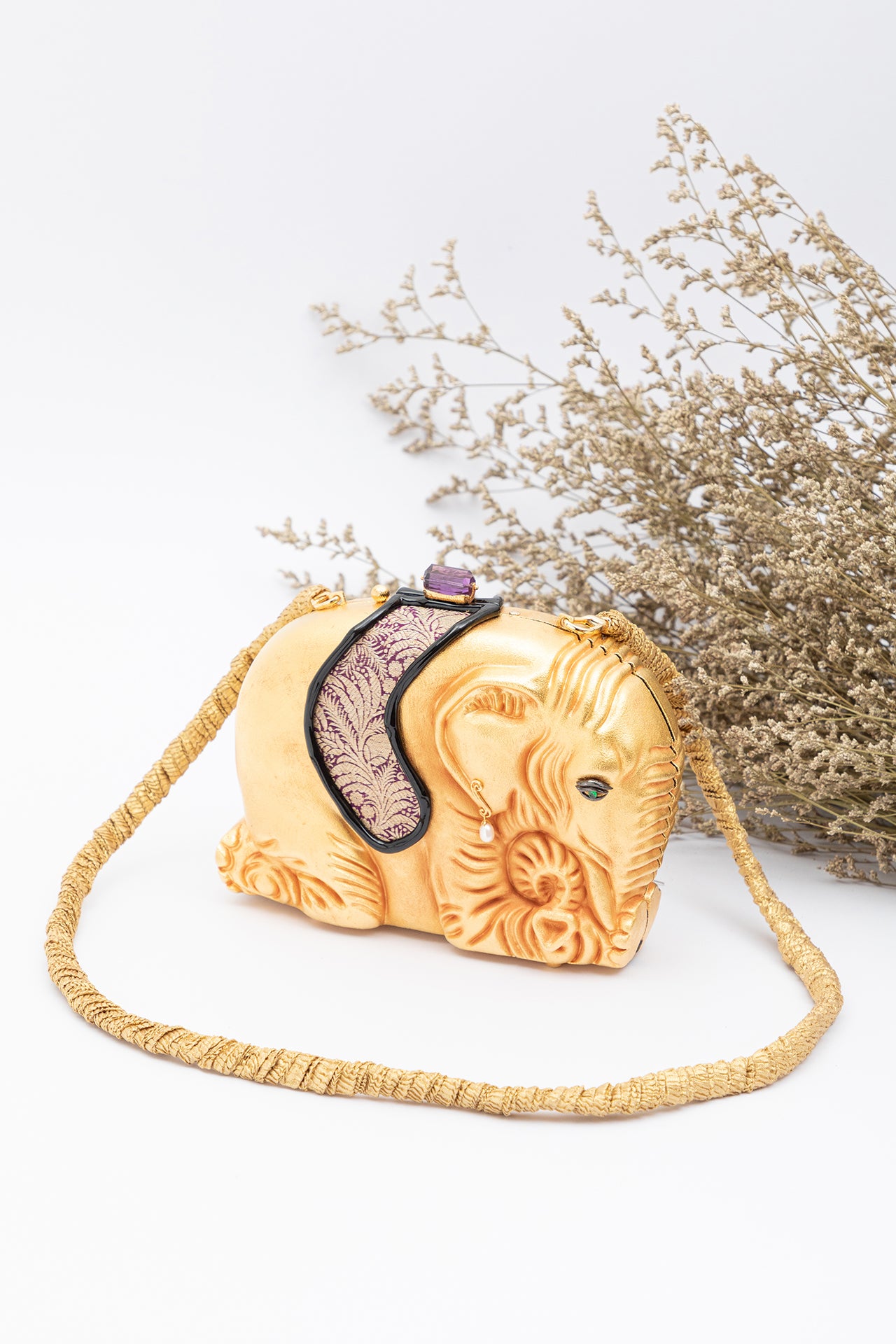 Golden Elephant Handbag with Amethyst, Tsavorite and Pearl