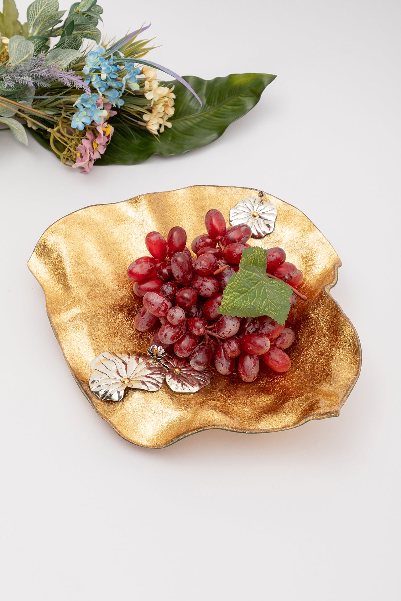 Gold leaf Glass Bowl with Silver Lotus Flowers and leaves