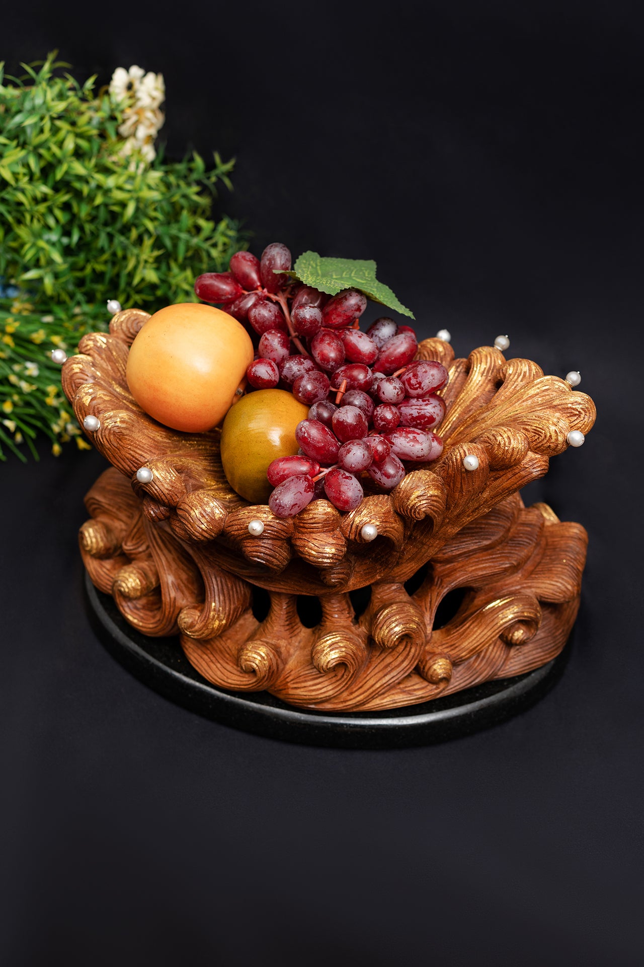 Mahogany Wave Bowl with Pearls and Gold leaf