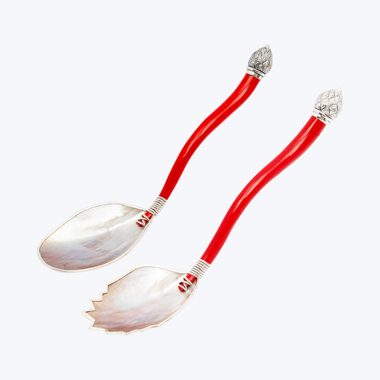 Brown Shell Salad Fork with Red Lacquer and Silver Lotus Flower