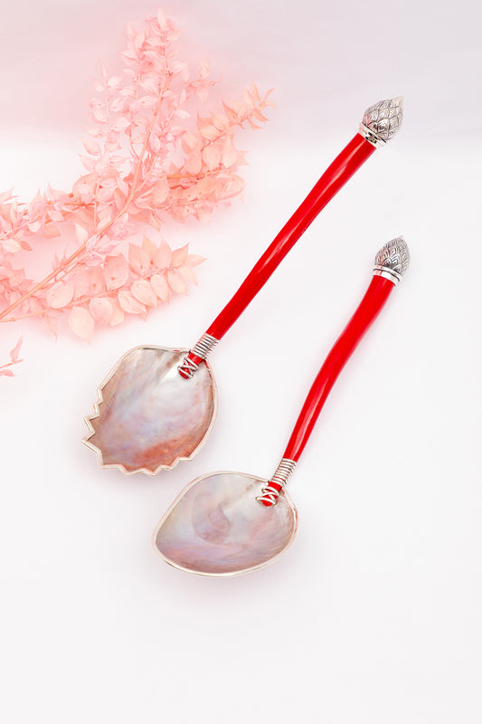 Brown Shell Salad Fork with Red Lacquer and Silver Lotus Flower