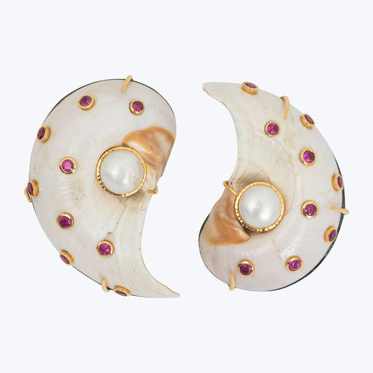 Shell Earrings with Ruby and Pearl