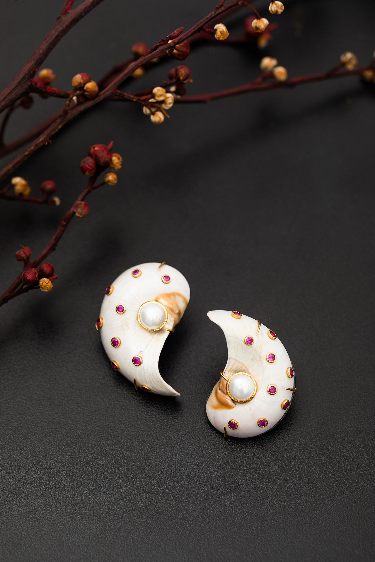 Shell Earrings with Ruby and Pearl