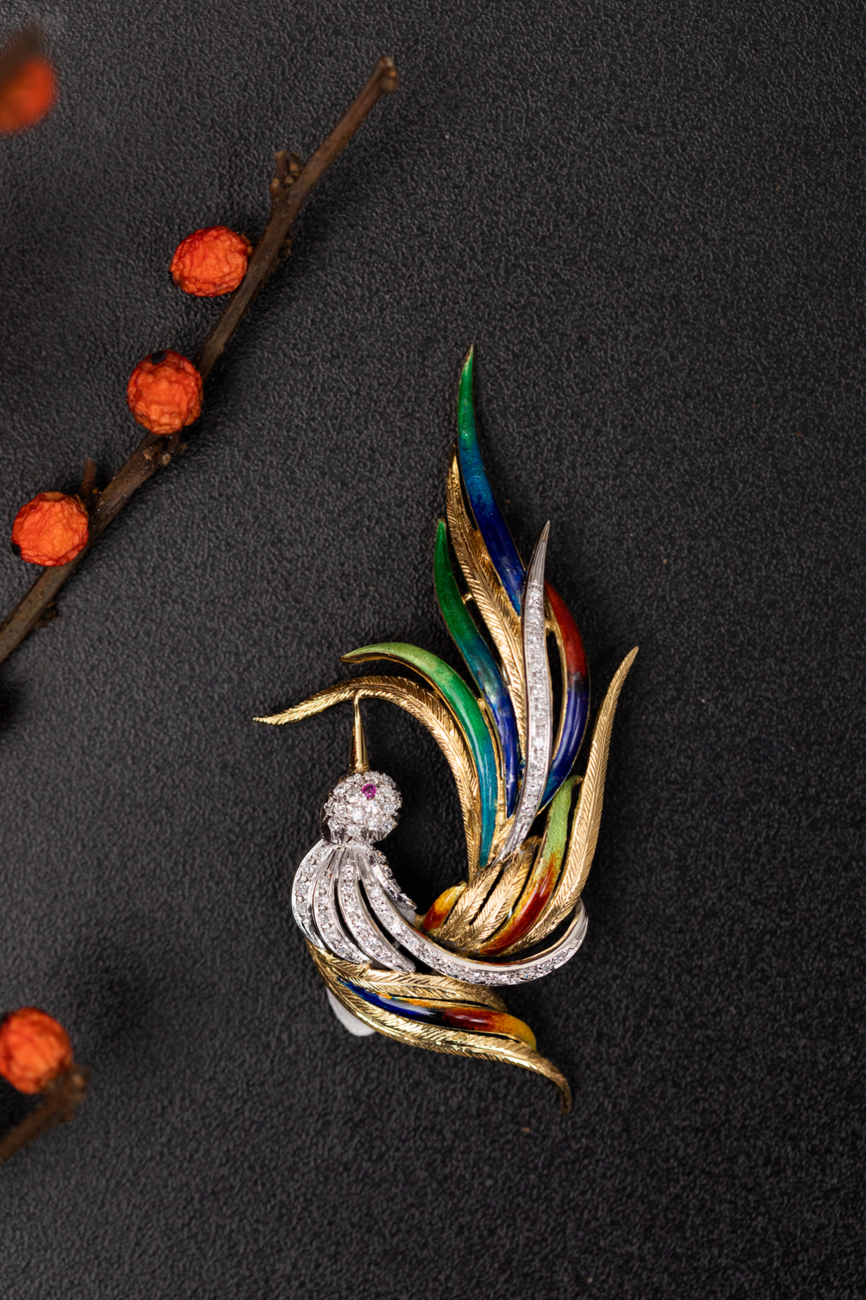 Vintage Diamond and Enamel Bird, Circa 1970s