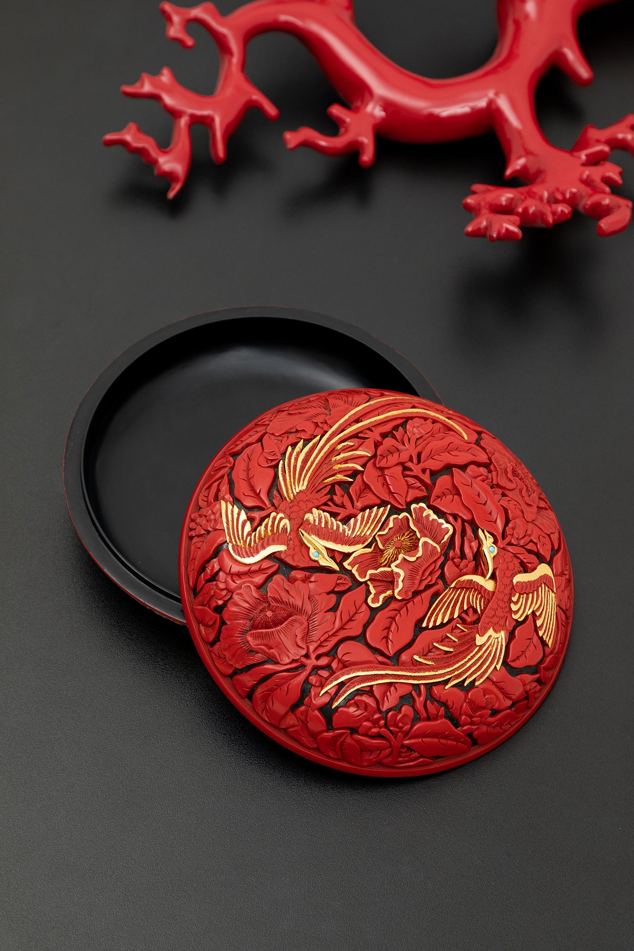 Red Lacquer Box with Golden Phoenix