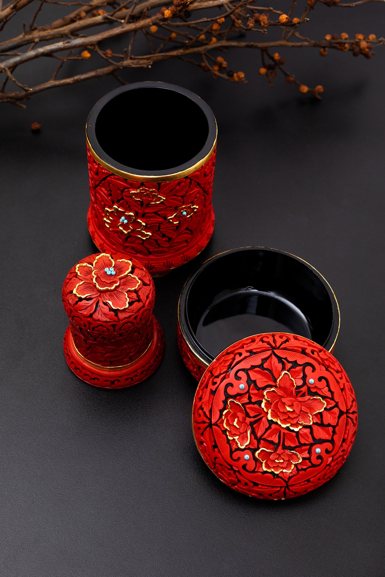 Red Lacquer Box with Blooming Flower Design (set of 3 pcs.)