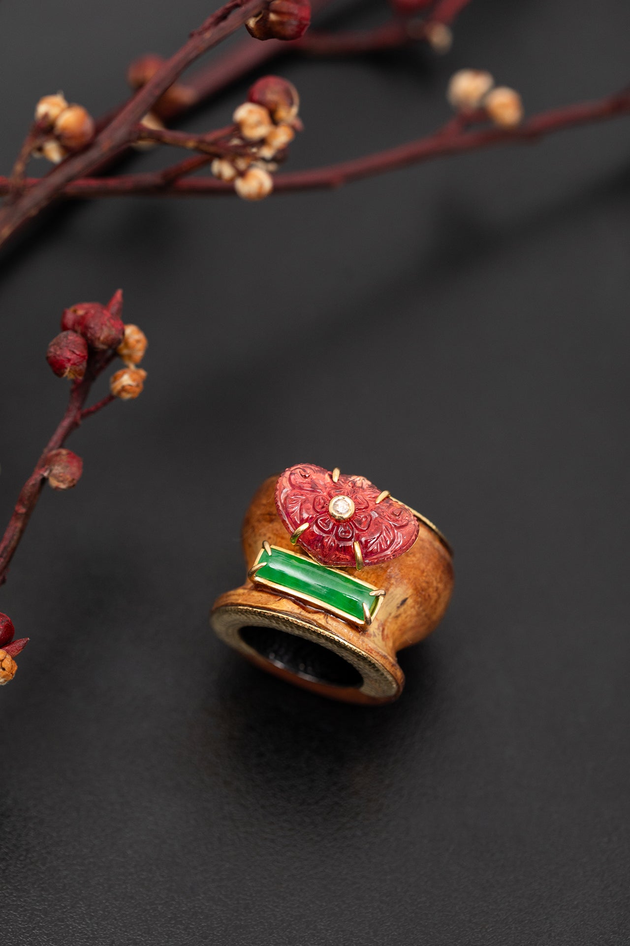 Bamboo Ring with Rubellite, Jade and Diamond