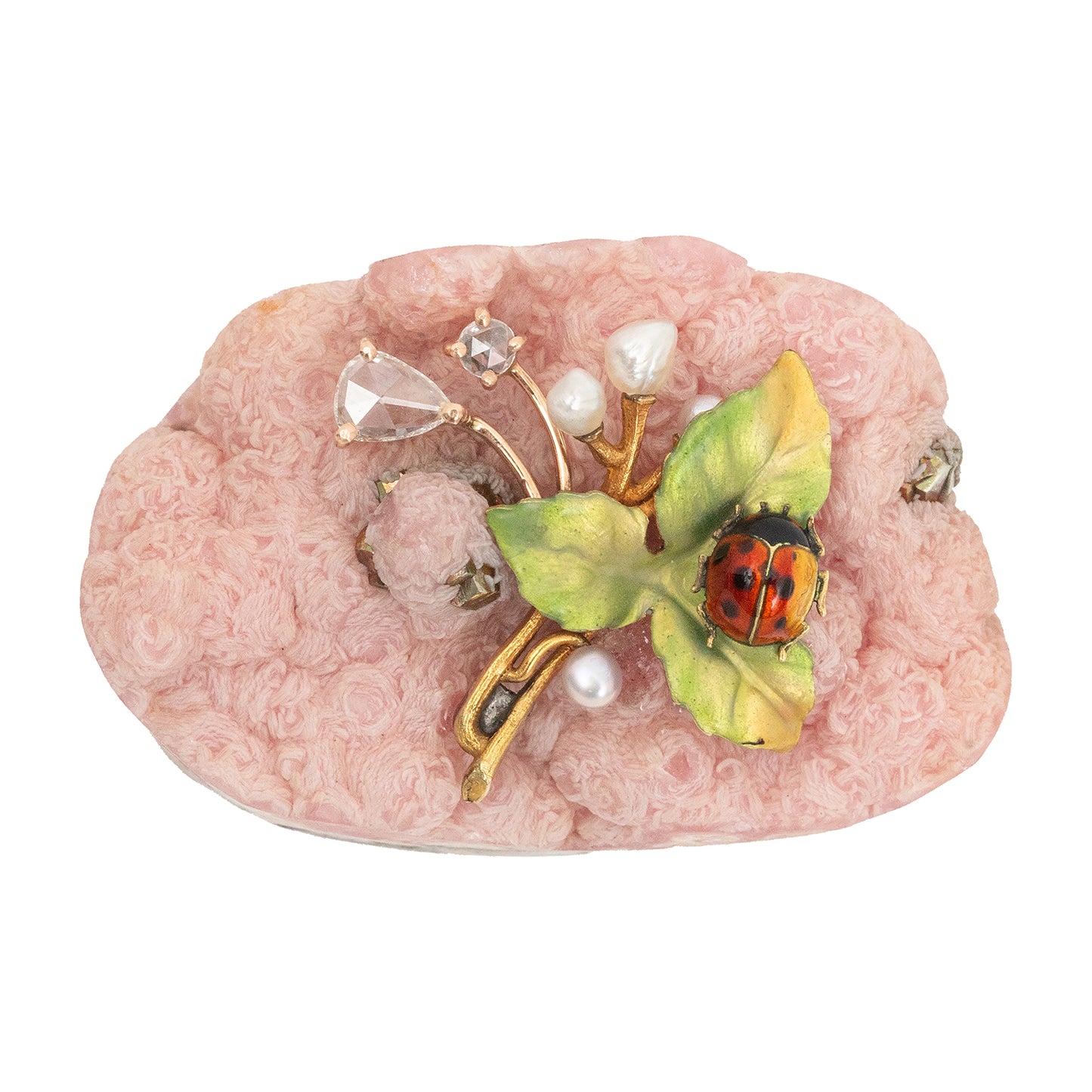 Rhodochrosite Ring with Ladybug on Leaf