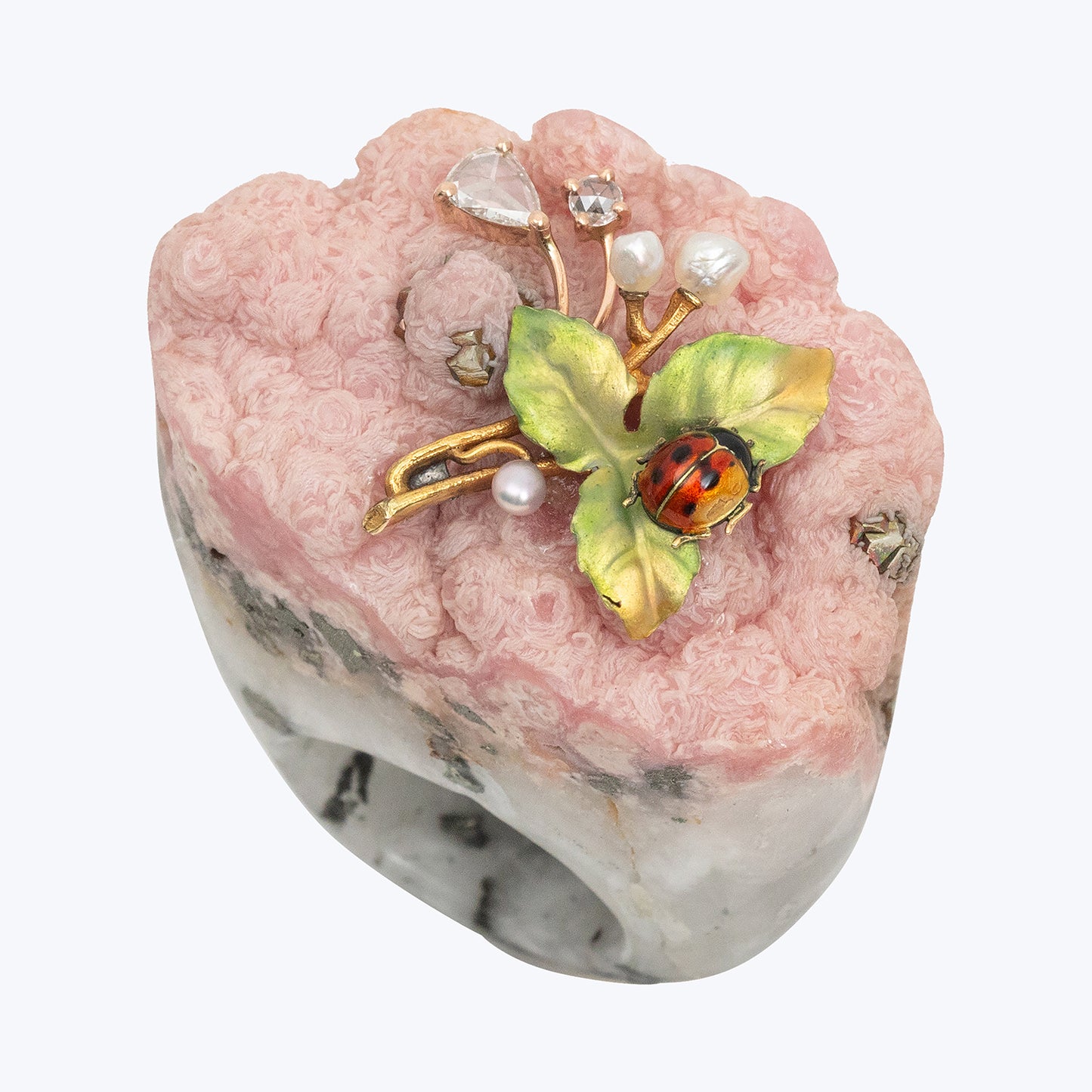 Rhodochrosite Ring with Ladybug on Leaf