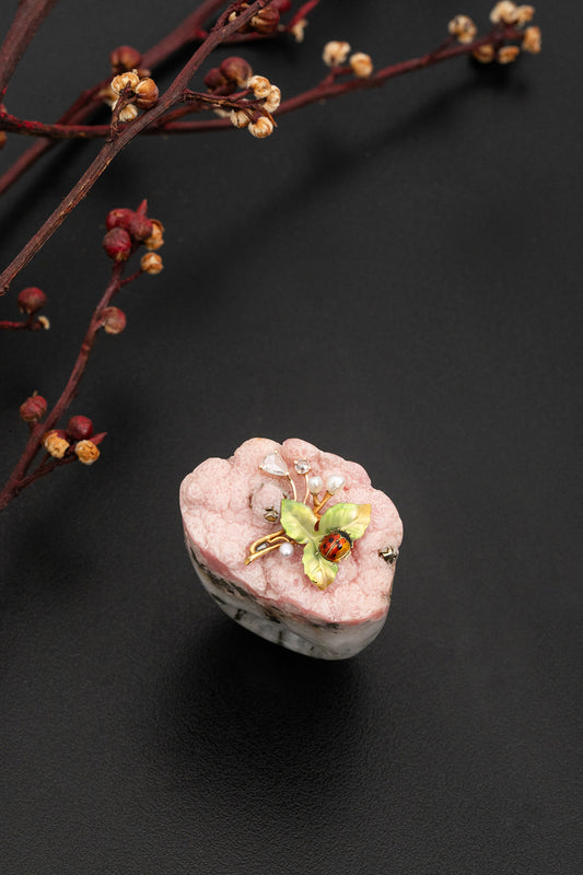 Rhodochrosite Ring with Ladybug on Leaf