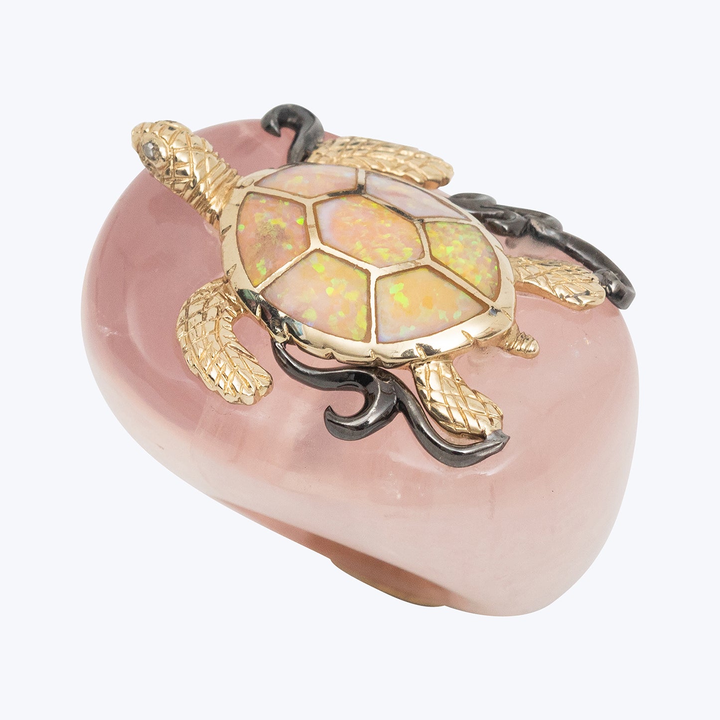 Rose Quartz Ring with Turtle and Opal