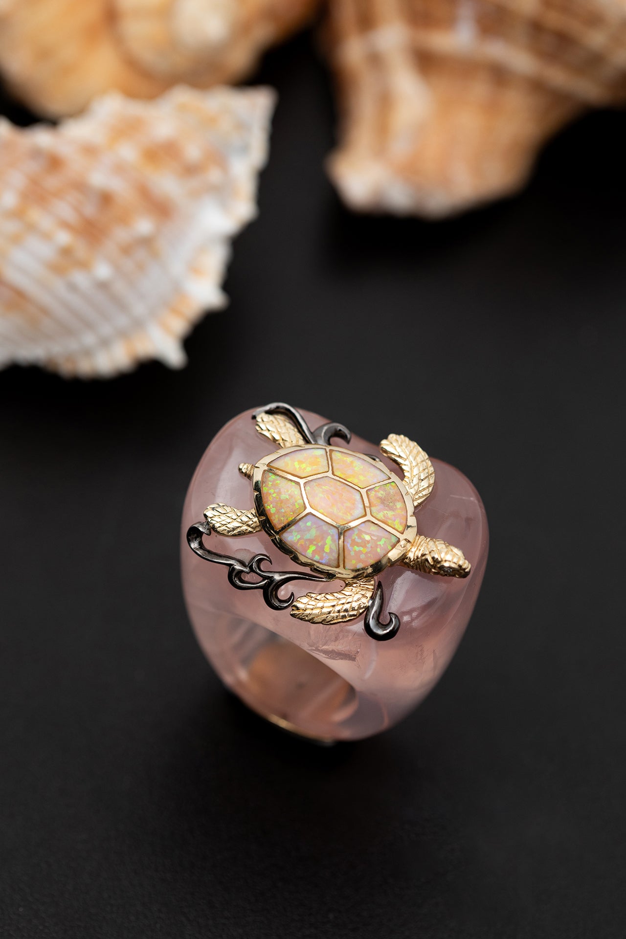 Rose Quartz Ring with Turtle and Opal