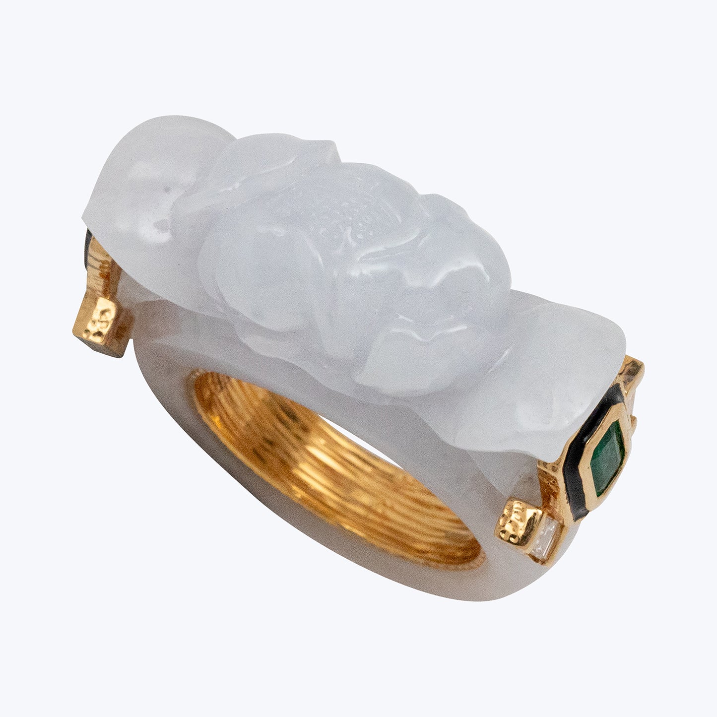 Carved Jade Jewel and Zambian Zenith Emerald Ring