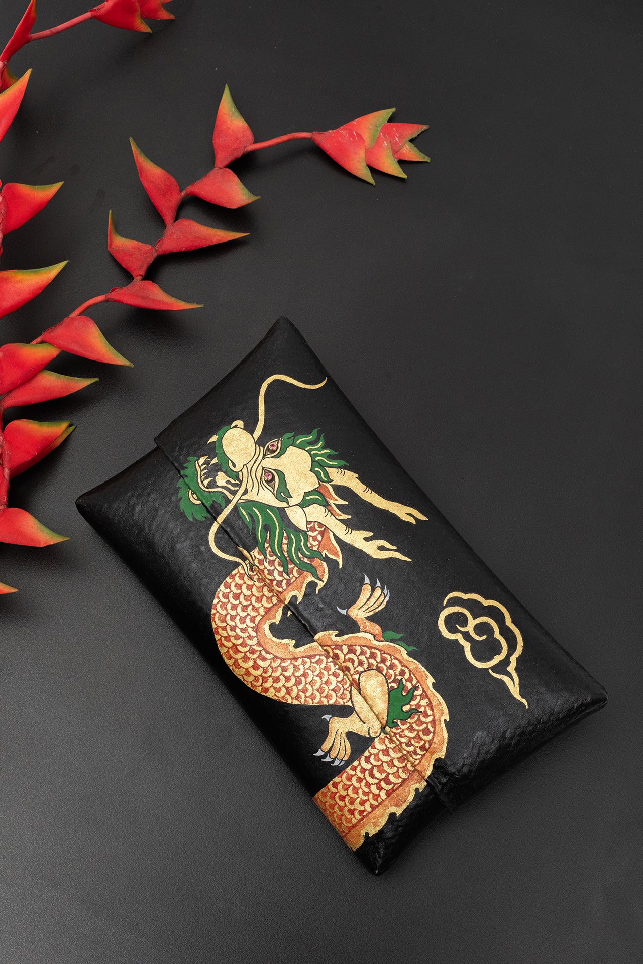 Black Bamboo Clutch with Hand-Painted Red Dragon