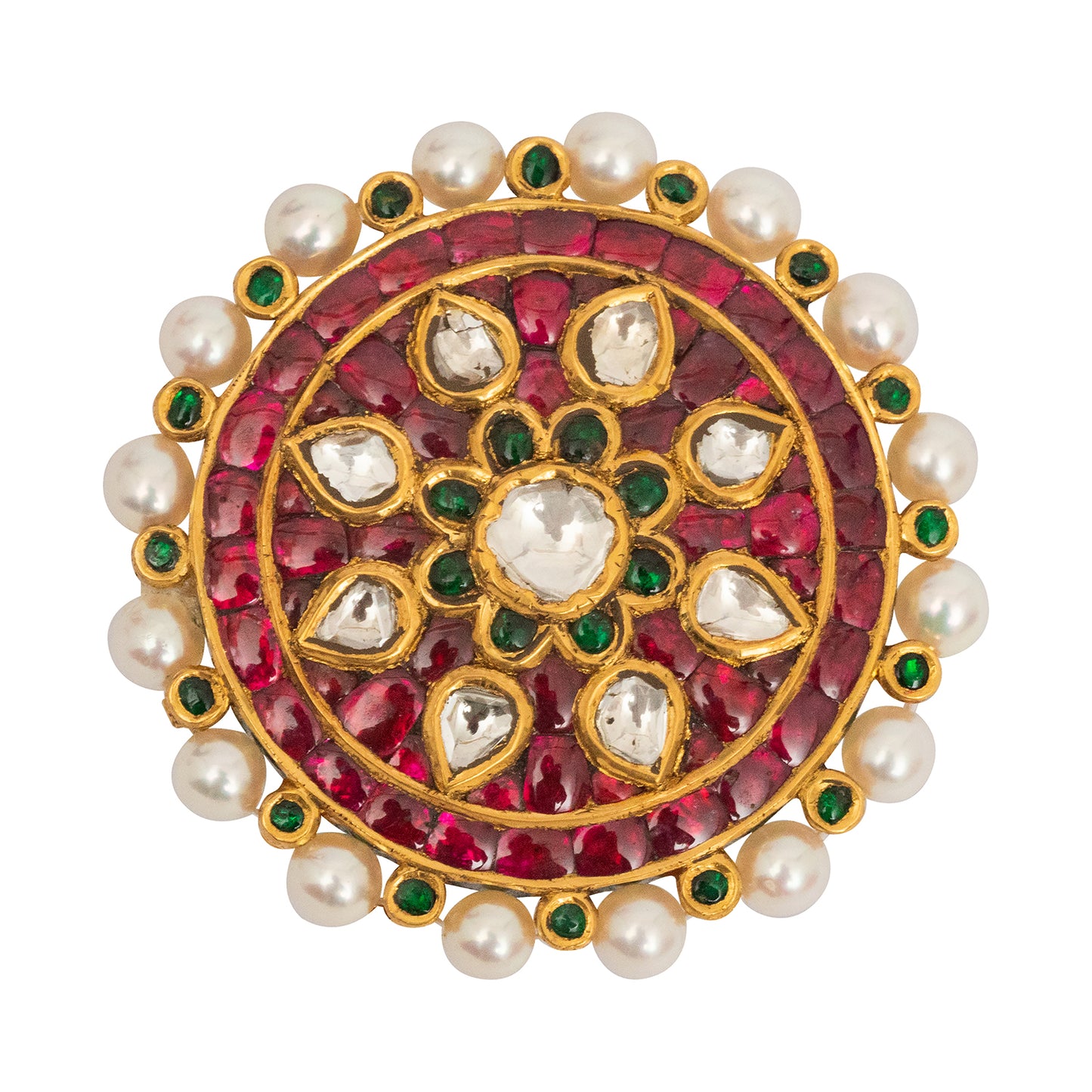 Aarsi ring with Rubies, Pearls & Diamond Polkis with Enamel in 18/22K Gold