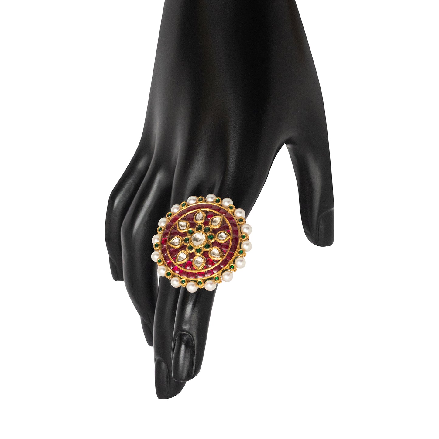 Aarsi ring with Rubies, Pearls & Diamond Polkis with Enamel in 18/22K Gold