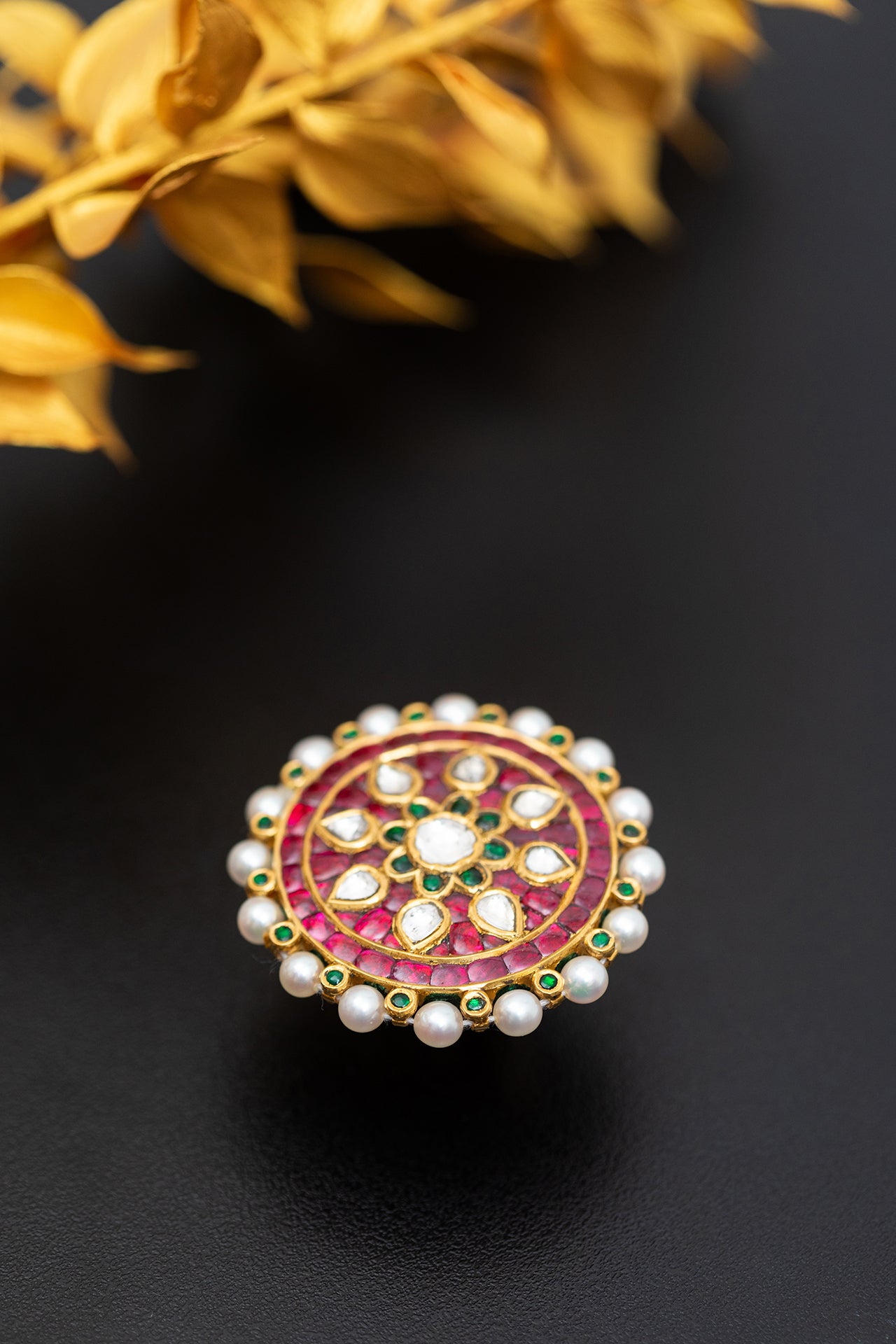 Aarsi ring with Rubies, Pearls & Diamond Polkis with Enamel in 18/22K Gold