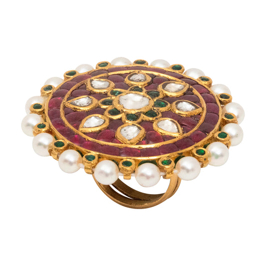 Aarsi ring with Rubies, Pearls & Diamond Polkis with Enamel in 18/22K Gold