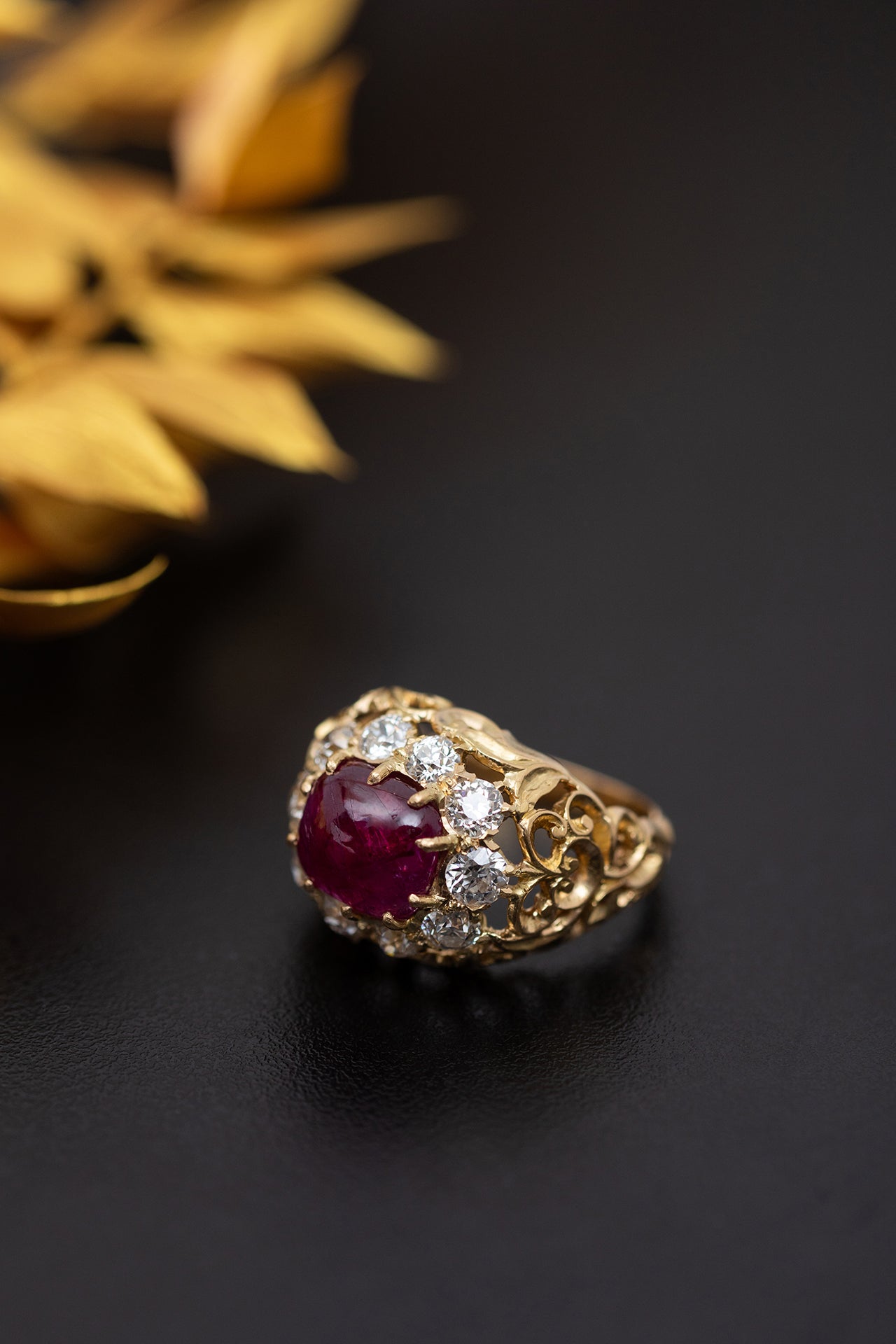 Timeless Legacy Golden Ring with Burmese Ruby and Golconda Diamonds, Circa 1950