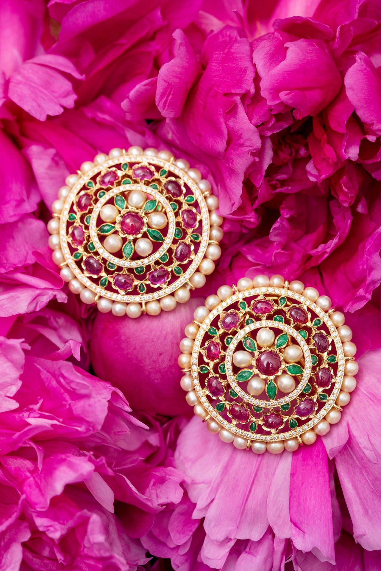 Garden of Eden Earrings with Panjshir Emeralds, Burmese Rubies and Basra Pearls