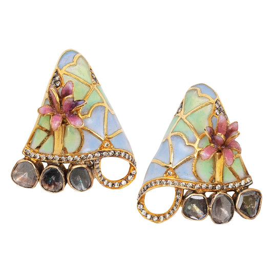 French Plique-à-jour Enamel Earrings with Diamonds Circa 1950