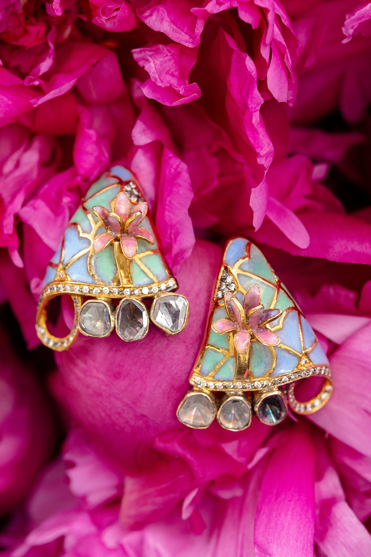 French Plique-à-jour Enamel Earrings with Diamonds Circa 1950