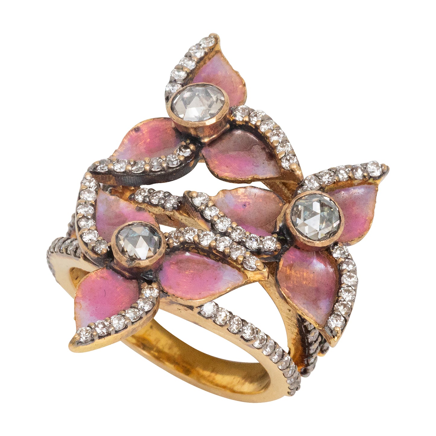 French Enamel (Plique-à-jour) Ring with Diamonds