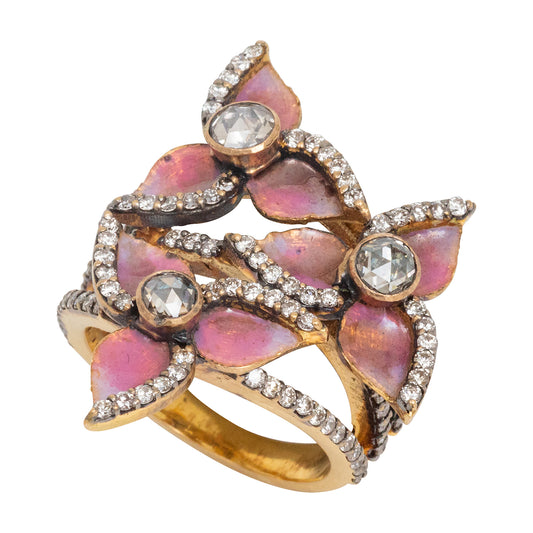 French Enamel (Plique-à-jour) Ring with Diamonds