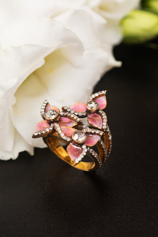 French Enamel (Plique-à-jour) Ring with Diamonds