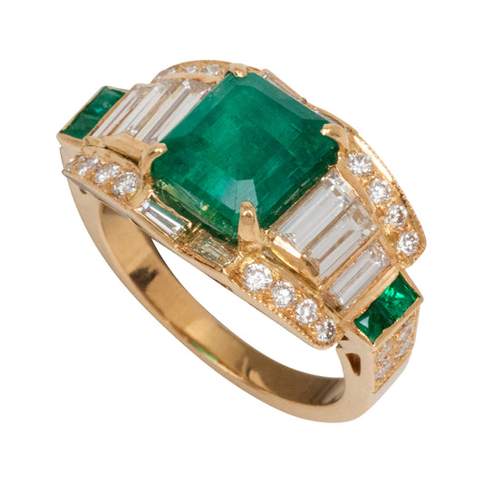 Zambian Emerald and Baguette Diamond Radiance Ring