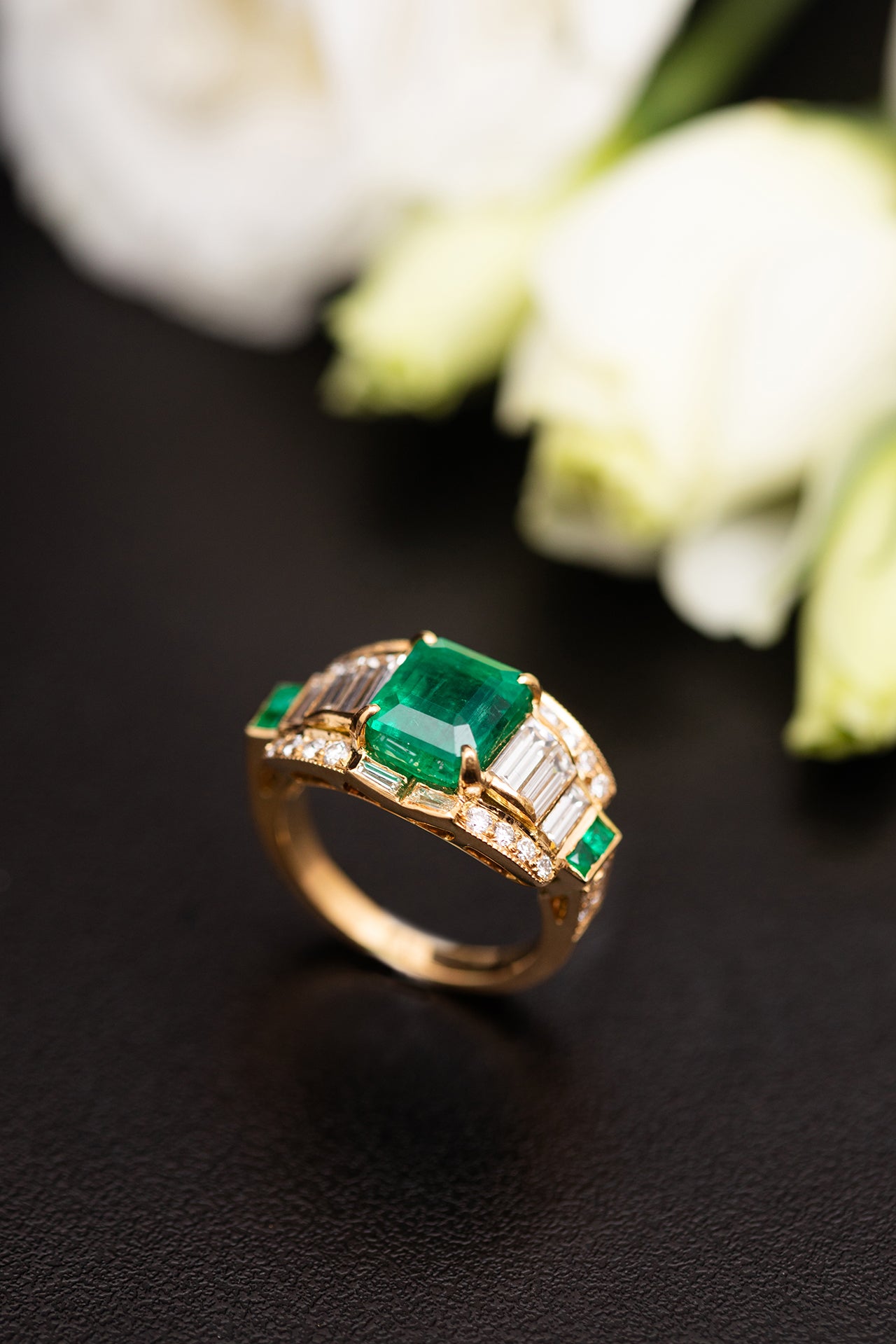 Zambian Emerald and Baguette Diamond Radiance Ring