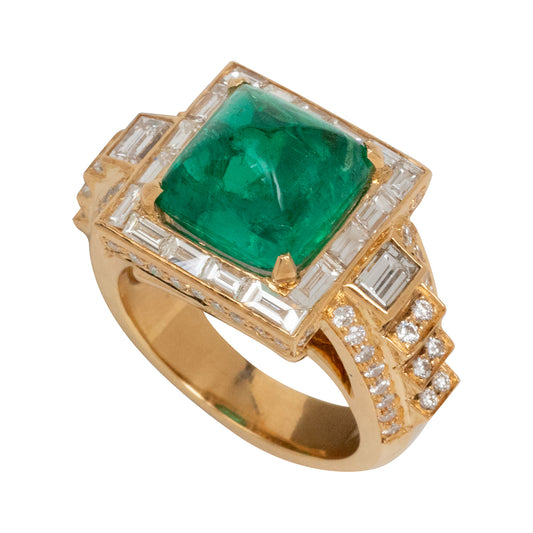 Zambian Emerald and Baguette Diamond Ring