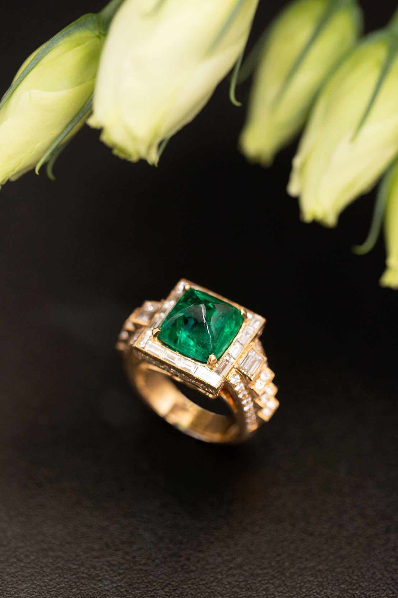 Zambian Emerald and Baguette Diamond Ring