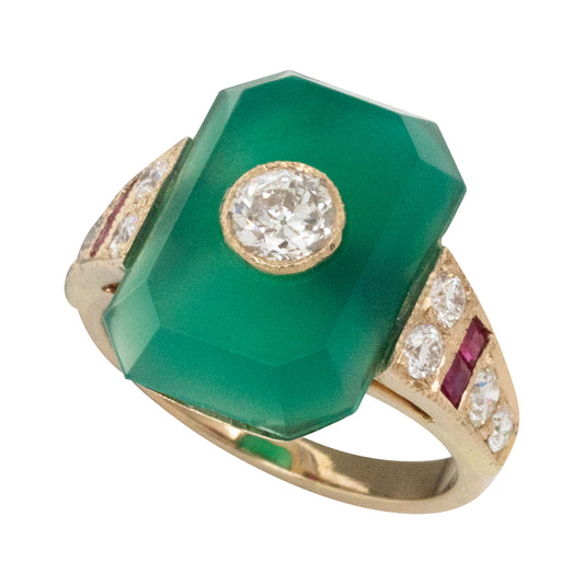 Green Chalcedony and Golconda Crown Ring