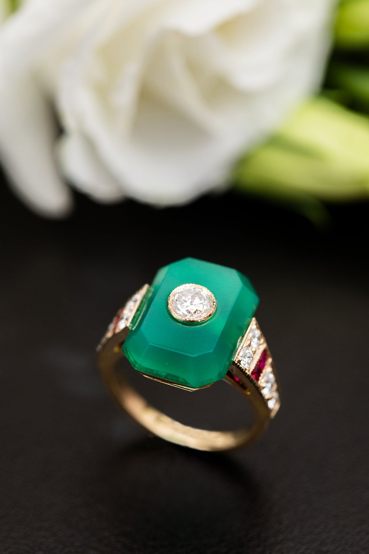 Green Chalcedony and Golconda Crown Ring