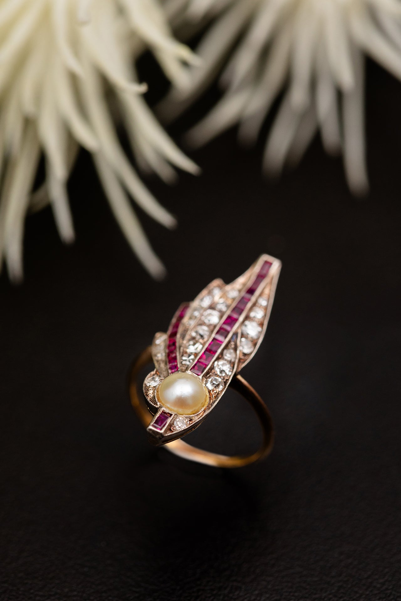 Burmese Ruby, Basra Pearl and Golconda Diamond Harmony Ring