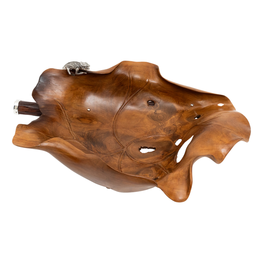 Carved Teak Wood Leaf Bowl with Silver Chameleon