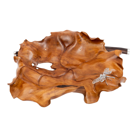 Carved Teak Wood Leaf Bowl with Silver Dragonfly